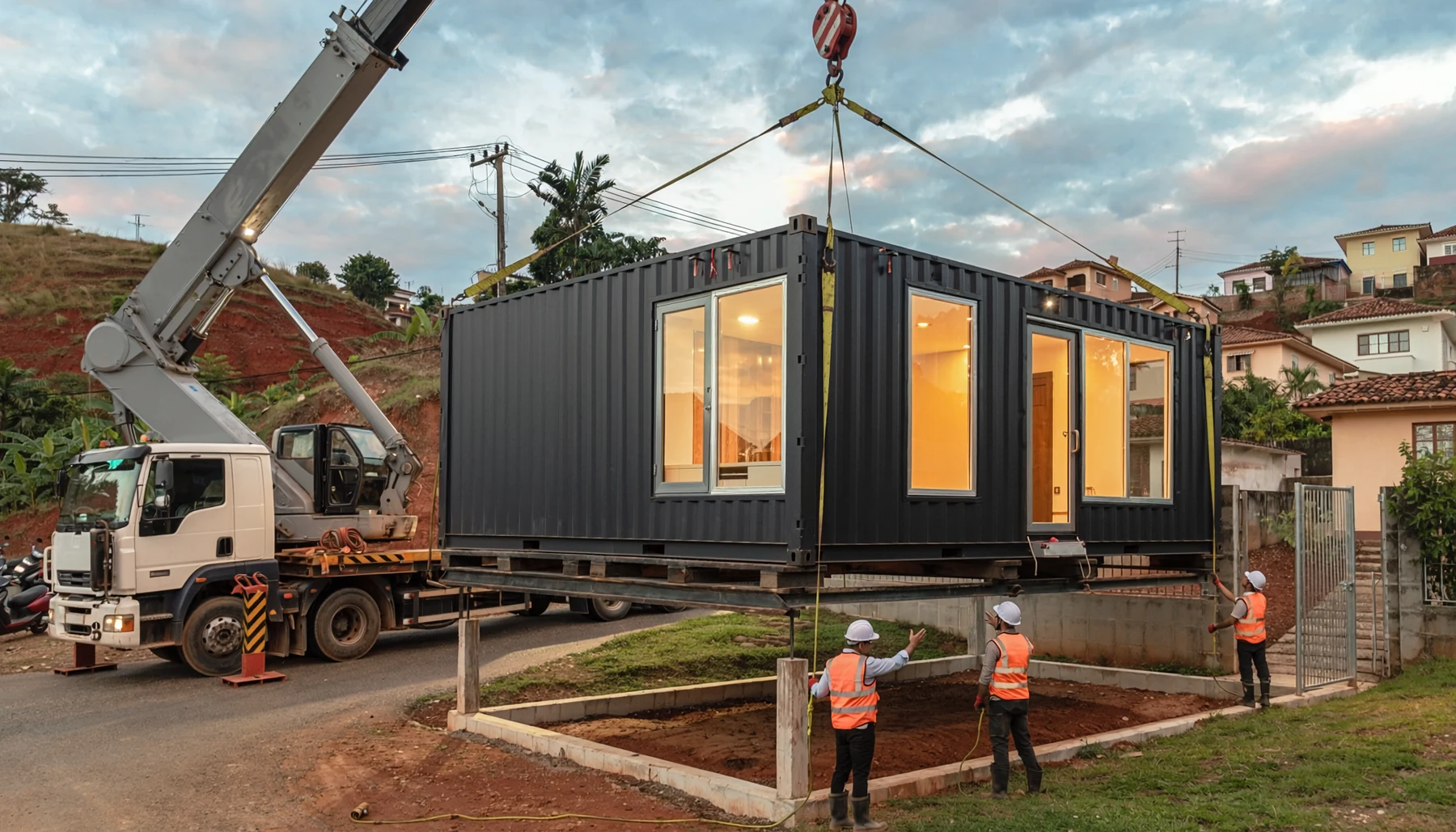 Entrega e posicionamento de casa container com guindaste