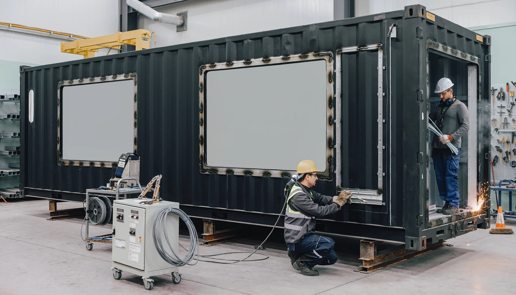 Estrutura de container em fabricação com aberturas e reforços